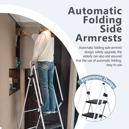 White Folding 4-Step Steel Ladder with Anti-Slip Pedals and Safety Handle