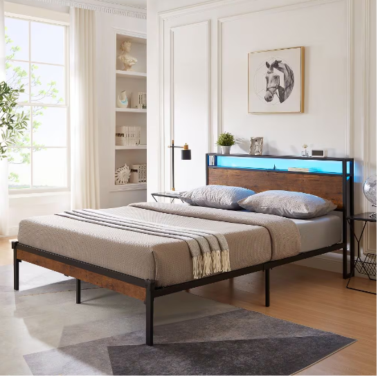 Full-Size Metal Platform Bed with Wood Headboard, USB Ports & LED Lighting
