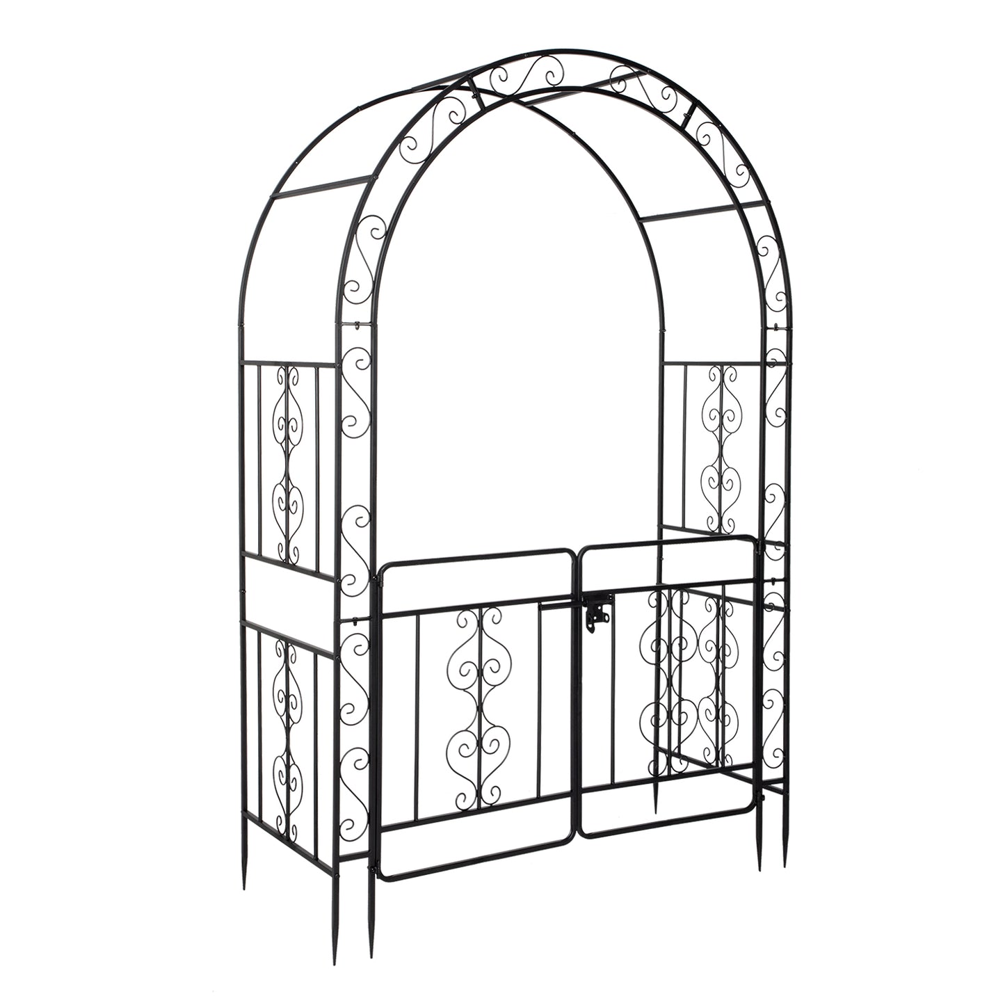 Black Wrought Iron Garden Arch with Double Deck and Door - 7ft Rounded Arbor Trellis