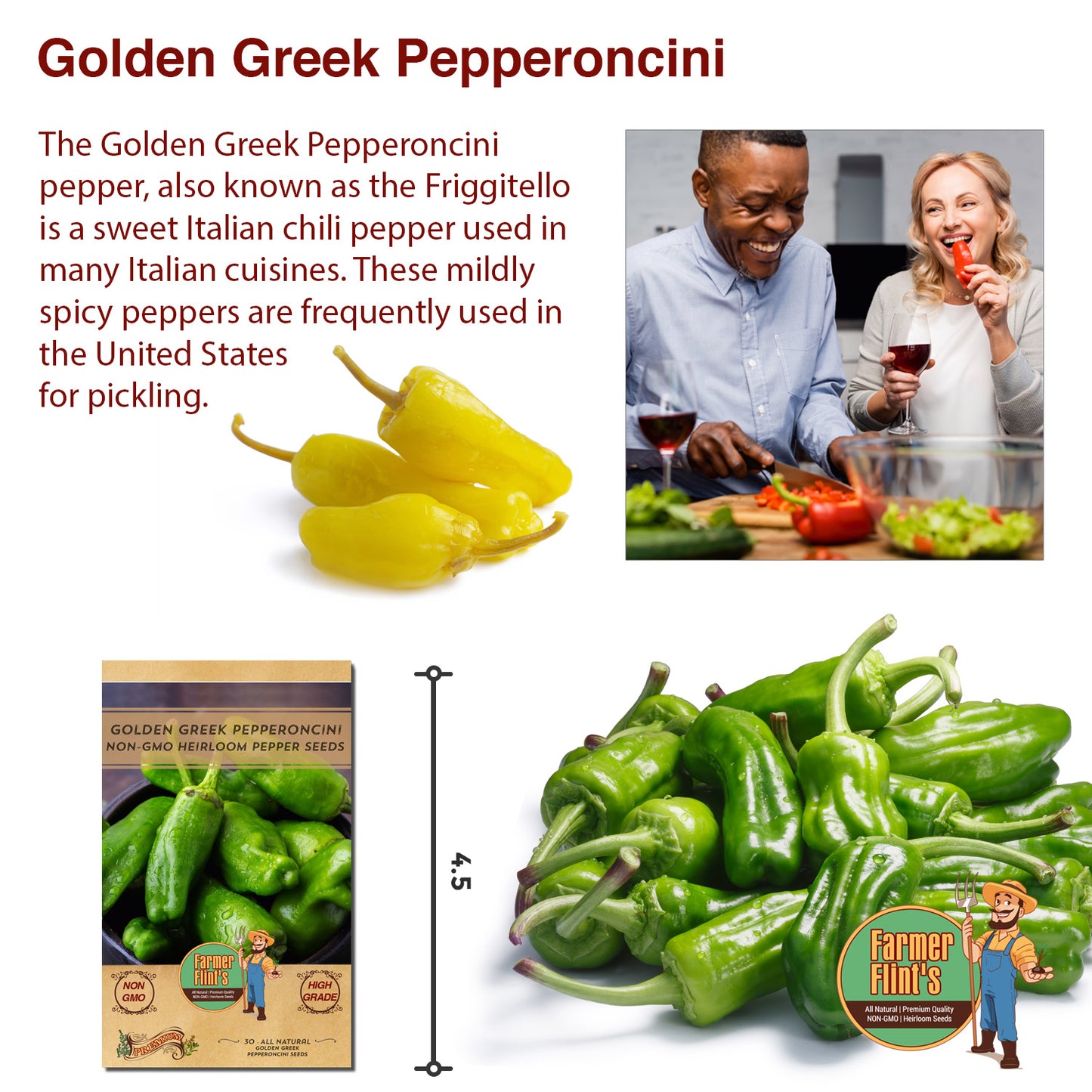 Pepperoncini Peppers Seeds Golden Greek - Pack of 30 Italian Hot Pepper Seeds - Heirloom Seeds Non GMO Organic & High Germination, Yellow Capsicum Annum Seeds for Planting Vegetables