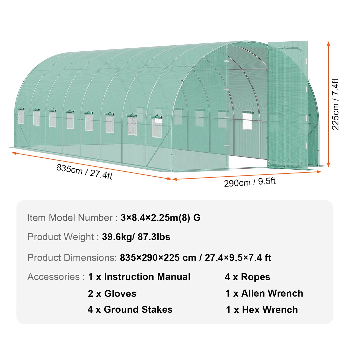 Large Walk-In Tunnel Greenhouse with PE Cover - 27x9.5x7 ft