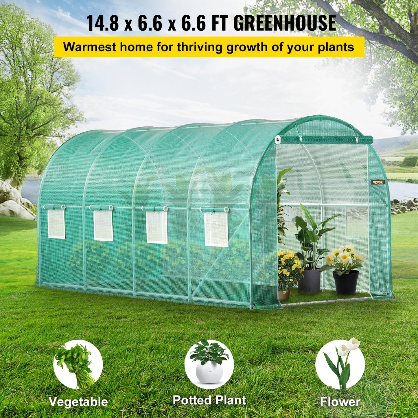 15x7 Portable Walk-In Tunnel Greenhouse with Roll-Up Windows and Zippered Door