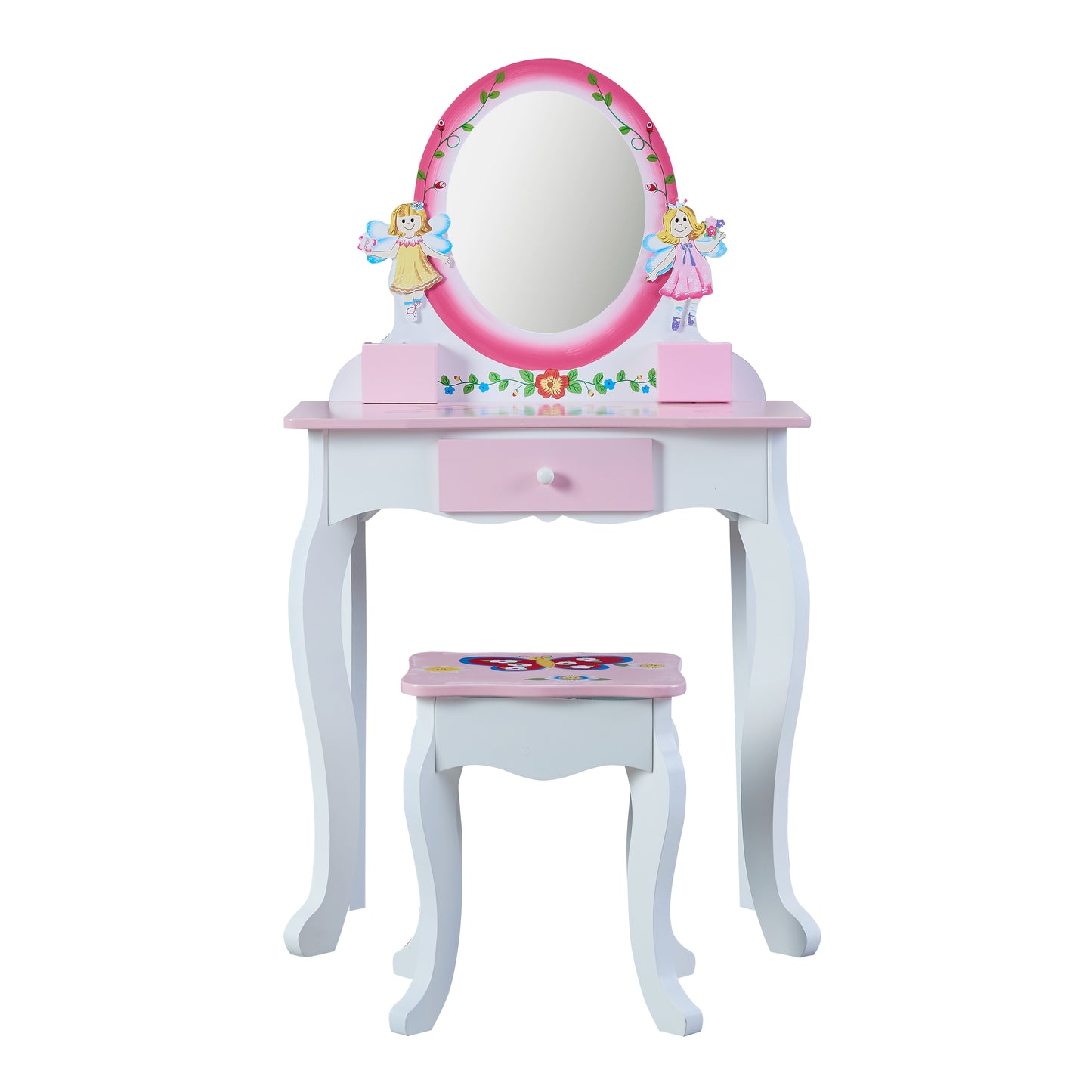 Pink Wooden Kids Vanity Table with Mirror and Stool