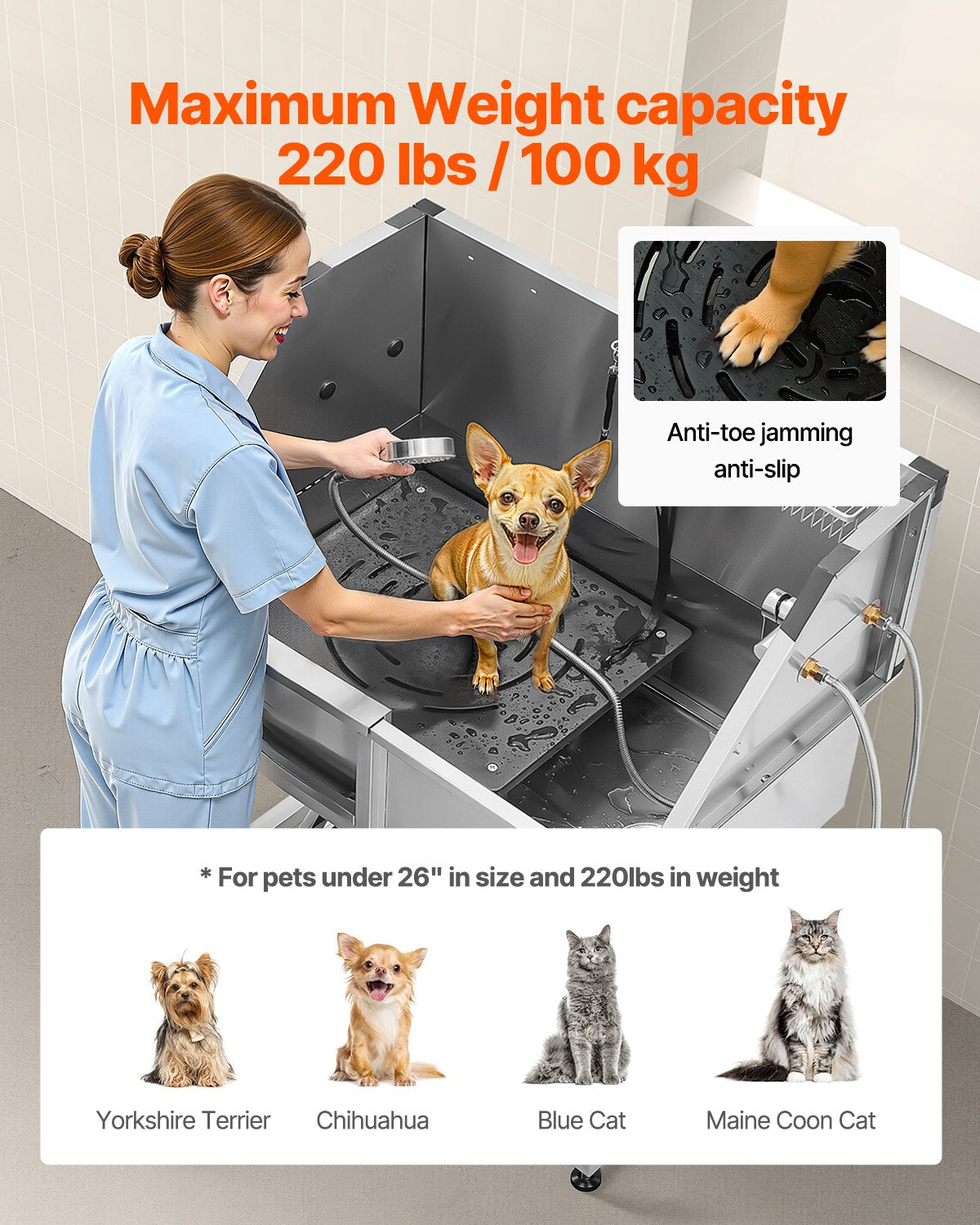 38-Inch Stainless Steel Dog Grooming Tub with Stairs and Faucet