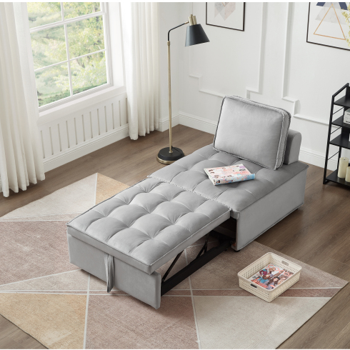 Modern Gray Convertible Velvet Single Sofa Bed with Pillow