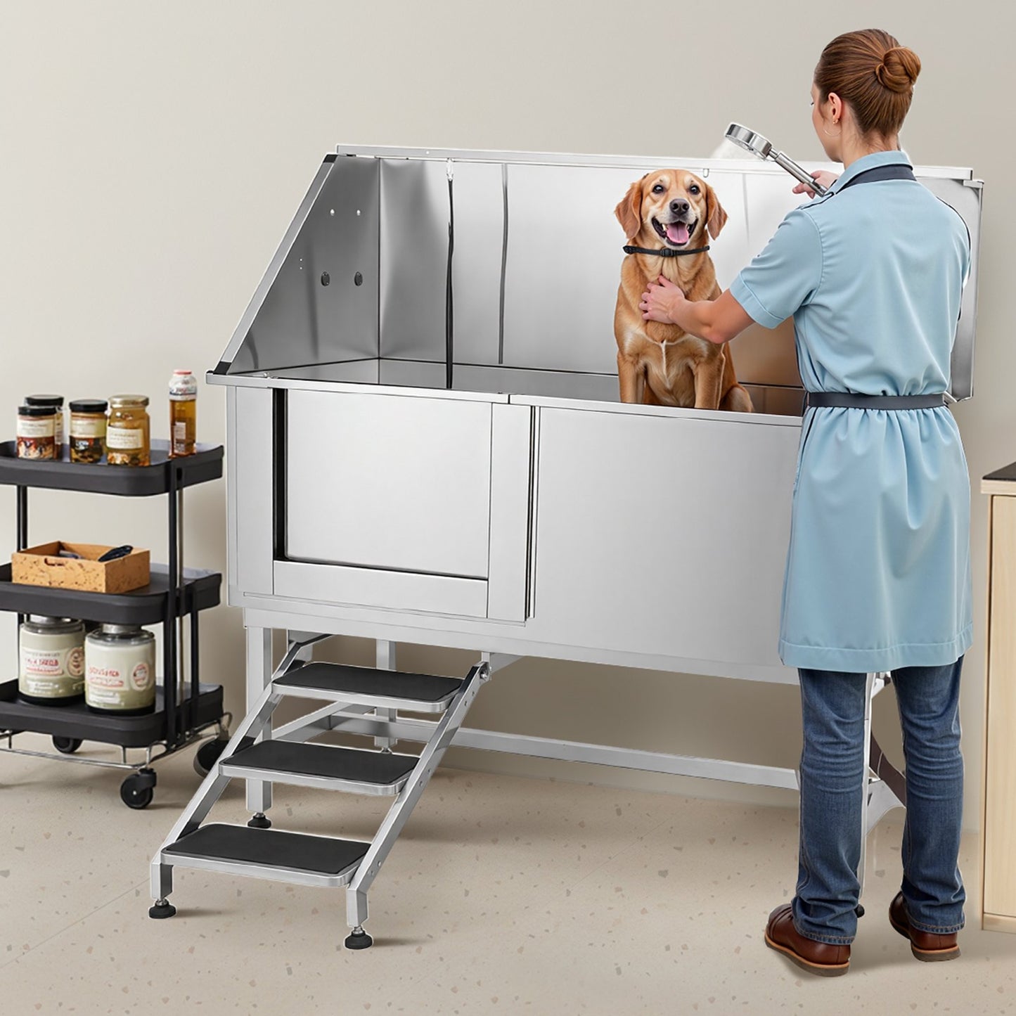 62 Inch Stainless Steel Dog Grooming Tub with Stairs and Water Filter - Left Drain