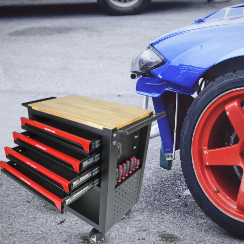 Black and Red Metal Tool Cart with Drawers and Wooden Top