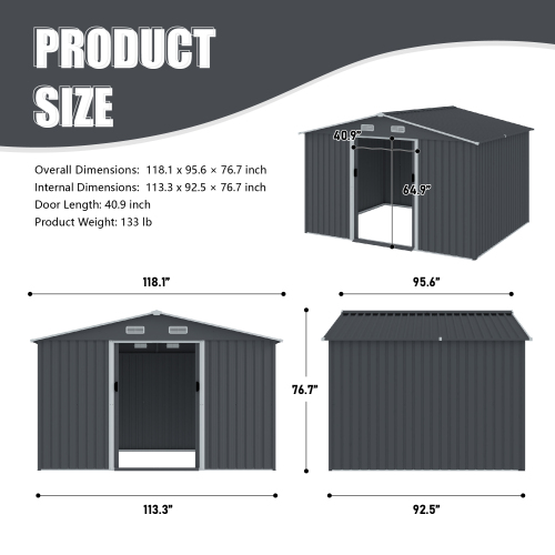 Grey 8x10 FT Outdoor Metal Storage Shed with Sliding Doors & Air Vent
