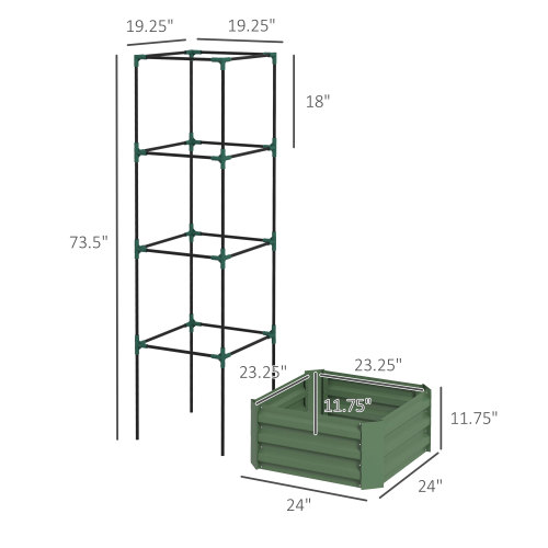 Green Galvanized Raised Garden Bed with Adjustable Trellis – 24 x 24 x 11.75 in
