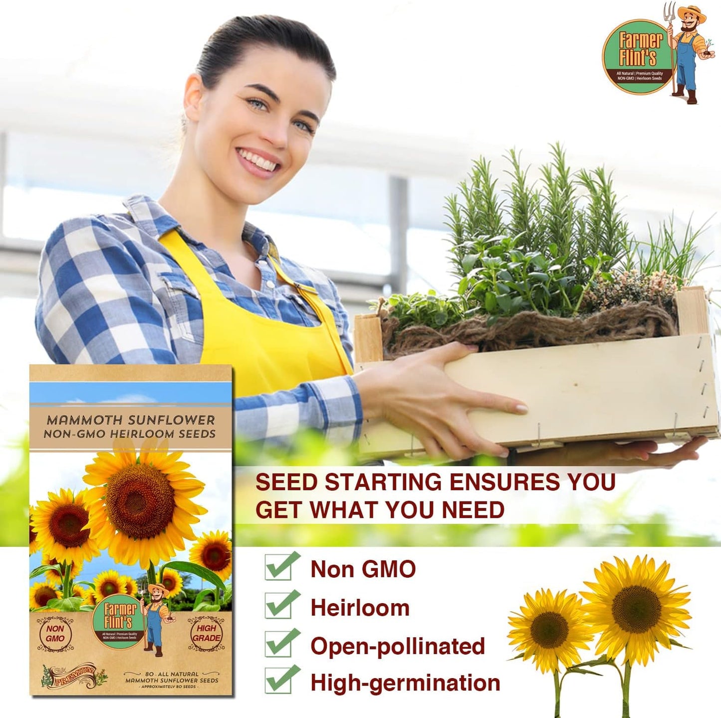 Mammoth Sunflower Seeds for Planting - Non-GMO Heirloom Seeds for Gardening Flowers Packed w/ Edible Seeds - Pack of 80 Sunflower Seeds for Your Home Garden - Planting Instructions Included