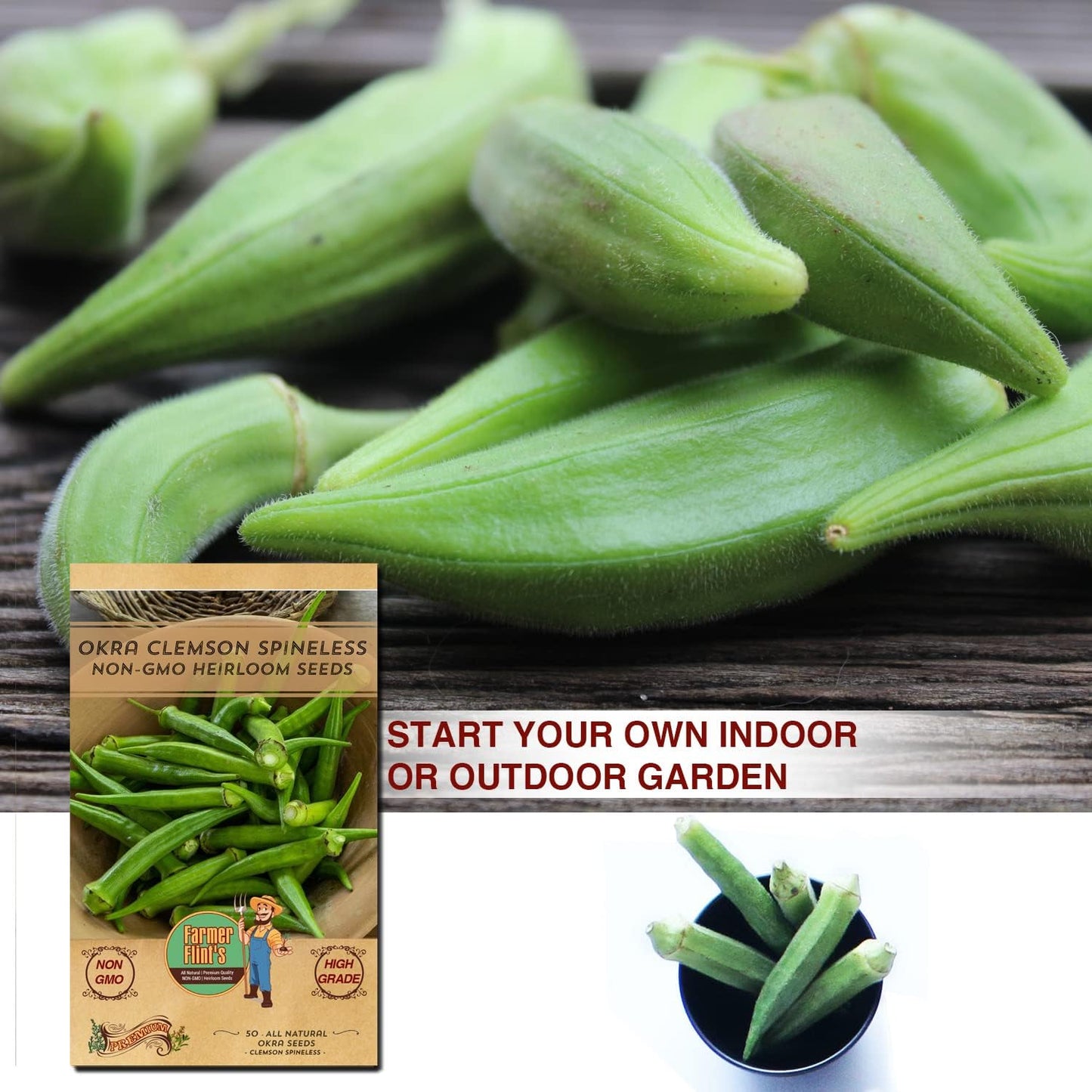 Okra Clemson Spineless Seeds - Non-GMO Heirloom Okra Seeds for Planting Home Garden - Pack of 50 Open Pollinated Vegetable Seeds - Grow Your Own Veggies w/ Okra Seeds - Planting Guide Included