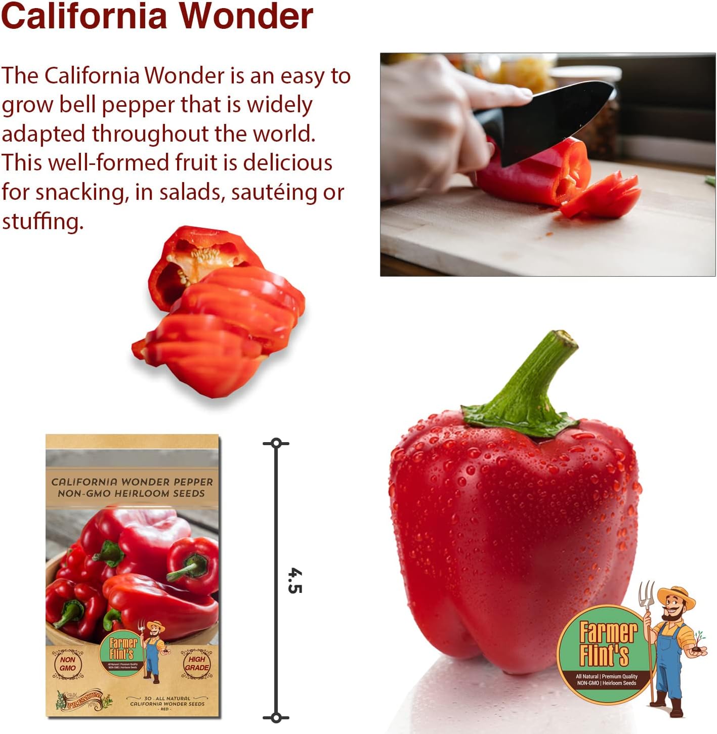 California Wonder Bell Pepper Seeds for Planting - All Natural/Non-GMO/Heirloom Pepper Seeds - Pack of 30 Sweet Pepper Seeds with Instructions to Plant - Delicious Red Peppers for Home Garden