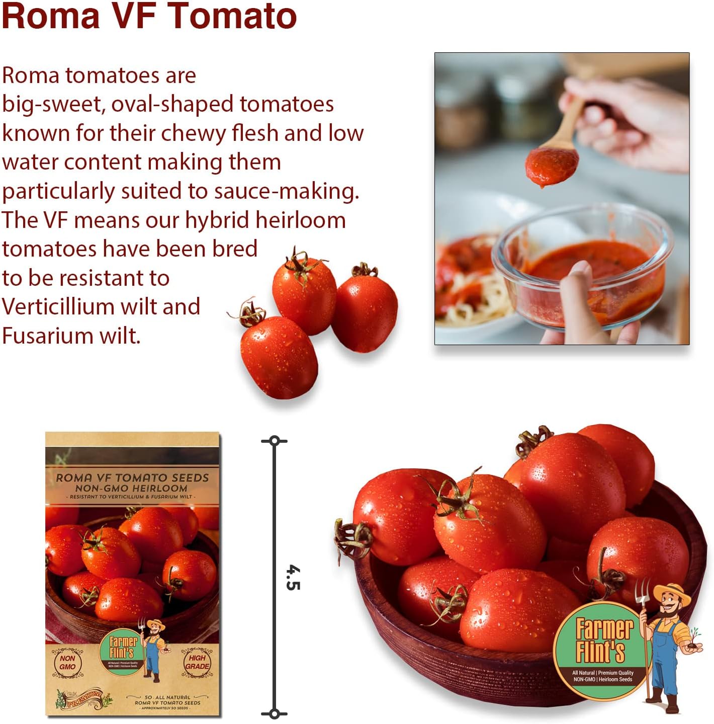 Roma VF Tomato Seeds - Non-GMO Heirloom Tomato Seeds for Planting - Red Tomato Vegetable Seeds for Planting Home Garden - Pack of 50 Open Pollinated Garden Seeds - Planting Instruction Included