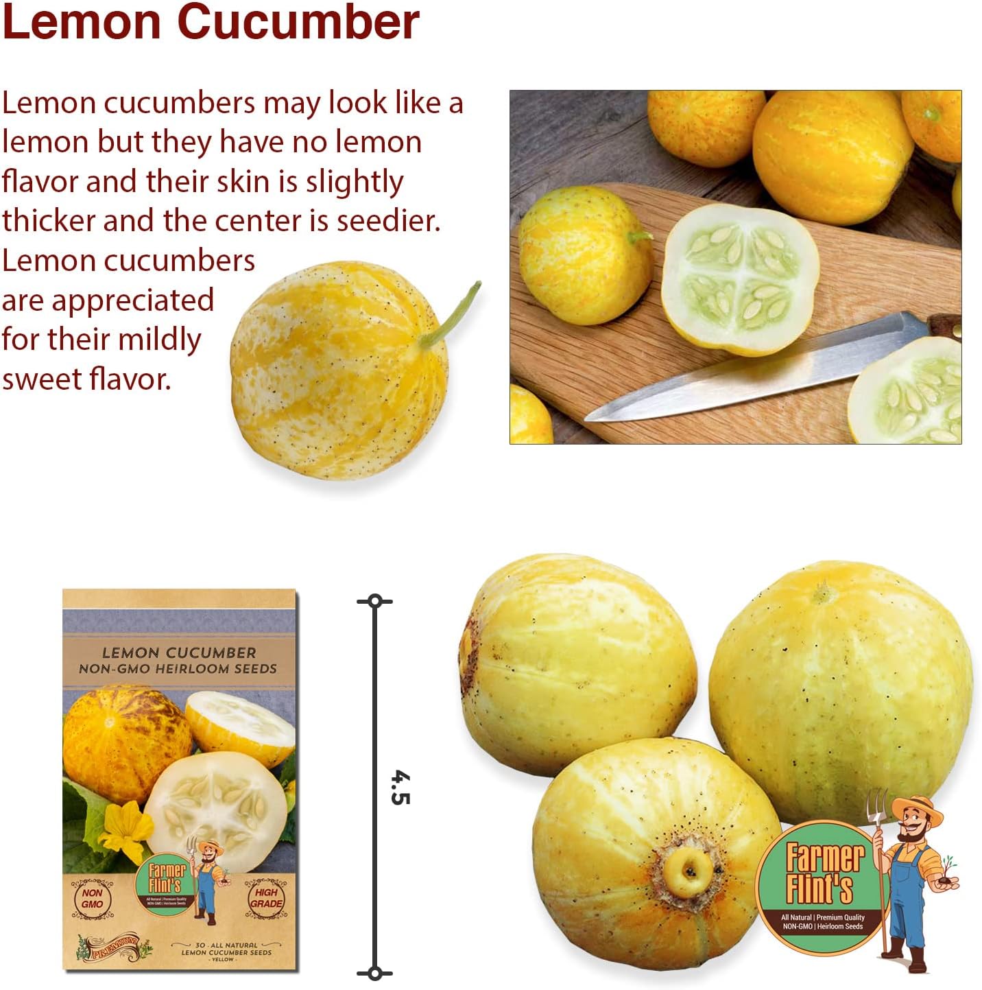 Lemon Cucumber Seeds - Non GMO/Heirloom Lemon Cucumber Seeds for Planting Home Garden - All Natural/High Grade/Open-Pollinated Yellow Cucumber Seeds - (Pack of 30)