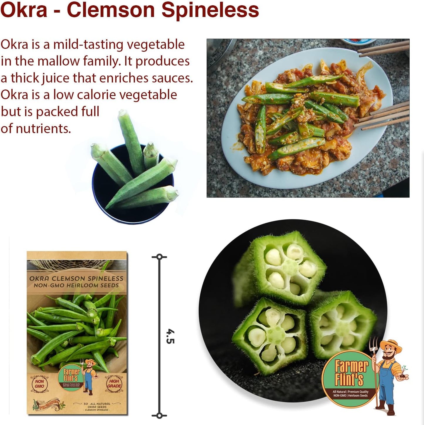 Okra Clemson Spineless Seeds - Non-GMO Heirloom Okra Seeds for Planting Home Garden - Pack of 50 Open Pollinated Vegetable Seeds - Grow Your Own Veggies w/ Okra Seeds - Planting Guide Included