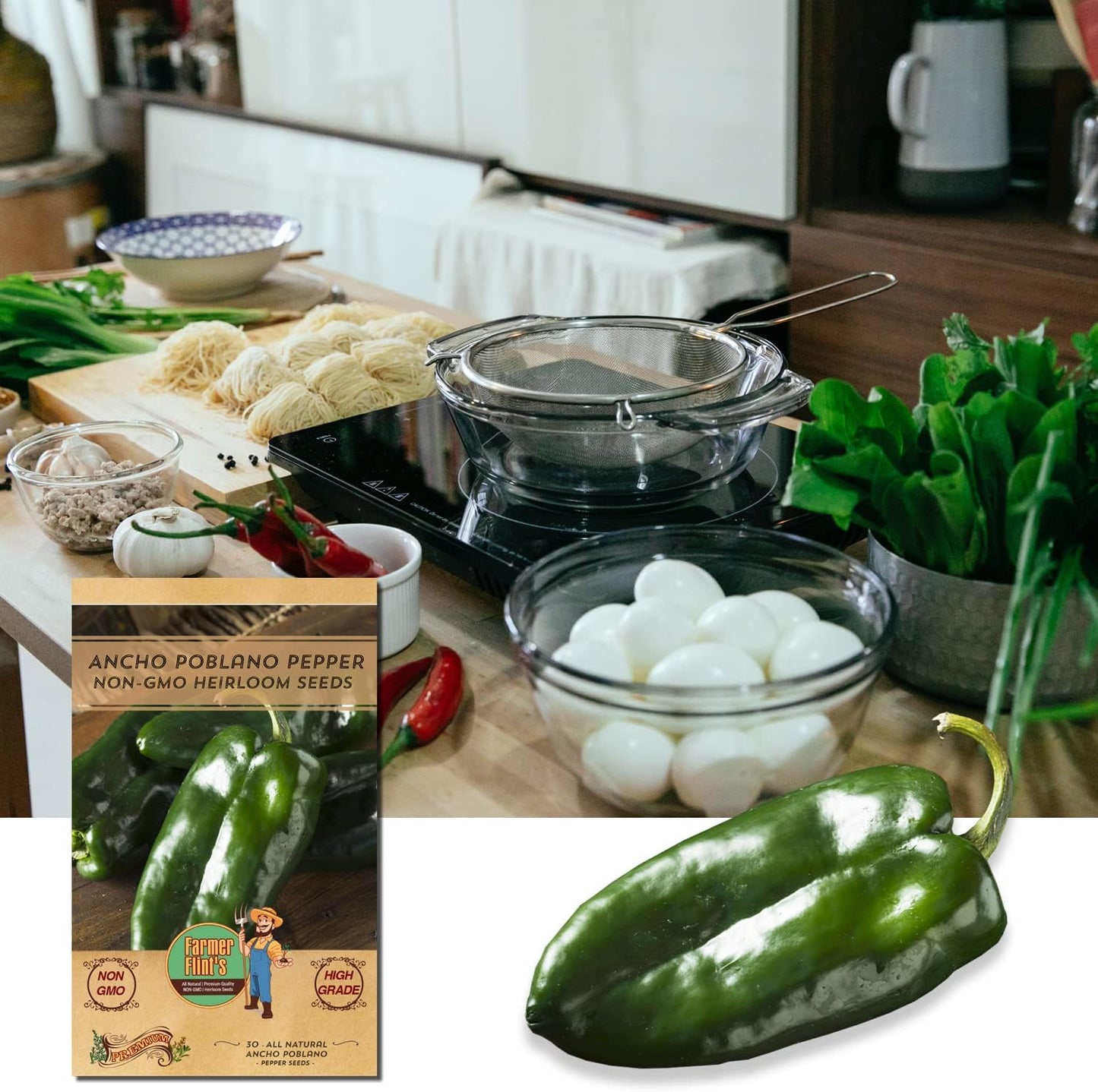 Ancho Poblano Pepper Seeds - All Natural/Open Pollinated/Non-GMO Heirloom Chili Pepper Seeds for Your Home Garden - Pack of 30 Hot Pepper Seeds for Planting - Growing Instructions Included