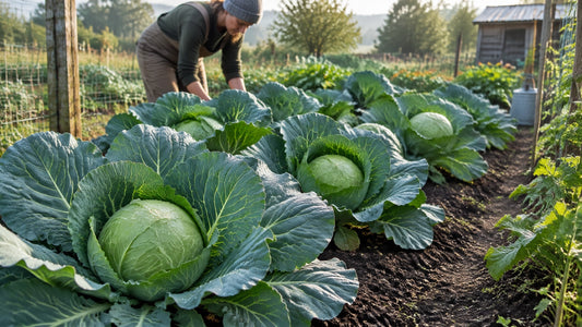 Healthy cabbage plants growing in a small garden in cool morning light