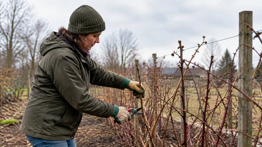 A gardener pruning dormant raspberry canes with bypass pruners in a late-winter garden