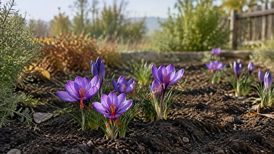 Purple saffron crocus flowers blooming in a sunny garden bed, their red stigmas visible