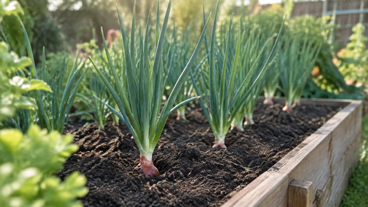 Young shallot plants growing in a sunny, well-prepared garden bed