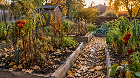 Tidy autumn vegetable garden beds with spent tomato vines and fallen leaves