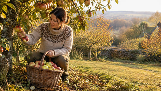 Home orchard grower gathering ripe apples into a harvest basket beneath trees in late autumn