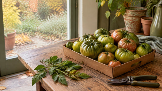 A tray of green and ripening heirloom tomatoes harvested before the first frost