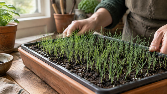 Grass-fine leek seedlings growing in a seed tray indoors