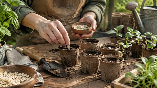 Cantaloupe seeds being planted in biodegradable pots at a garden potting bench