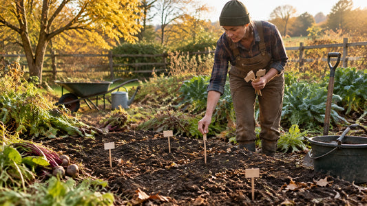 A gardener marking soil sampling spots in a harvested autumn vegetable bed