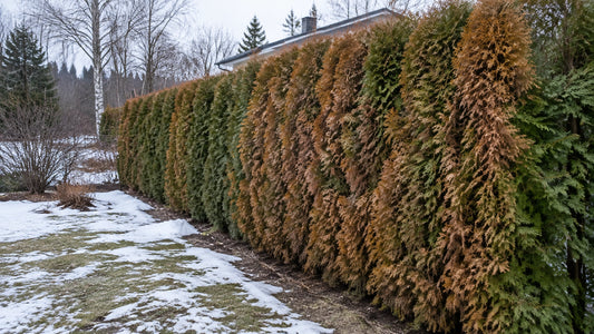 Arborvitae hedge with brown winter-burned foliage showing through late-winter snow