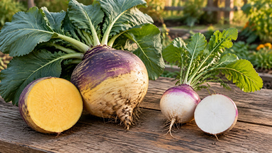 A yellow-fleshed rutabaga and a white-fleshed turnip shown side by side with their leaves