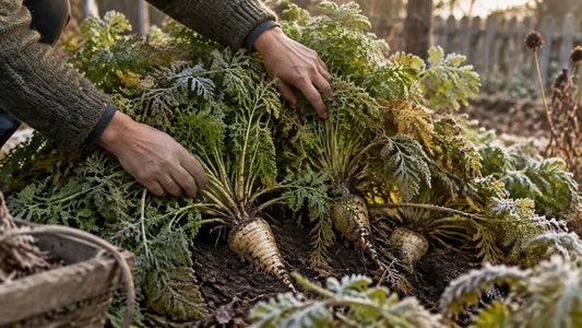 Frost-kissed parsnip tops in a late-autumn garden bed