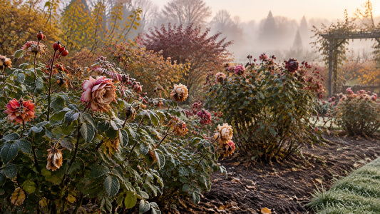 Hybrid tea roses in a late-autumn garden with frosted leaves, faded blooms, and rose hips