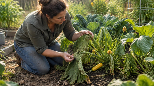 Gardener examining a wilted zucchini plant in a home vegetable garden