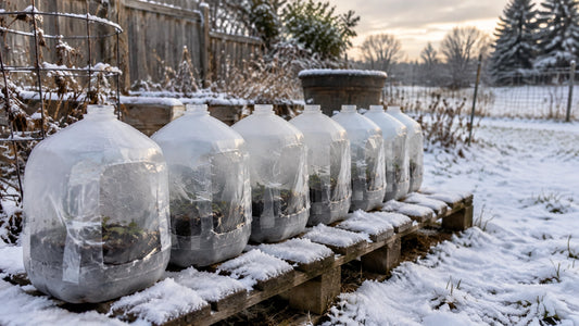 A row of translucent milk jugs used as winter-sowing mini greenhouses in a snowy garden