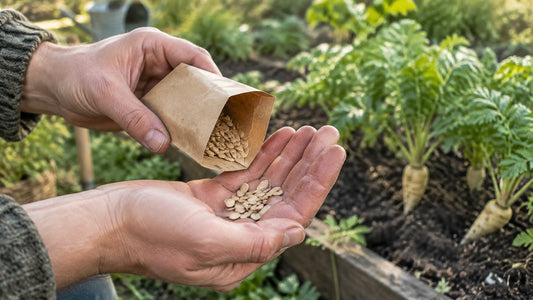 A gardener holding a small envelope of fresh parsnip seeds in a home vegetable garden