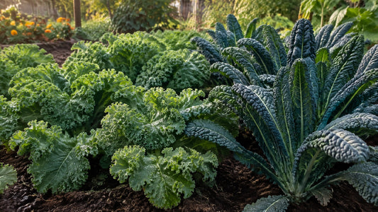 Curly and lacinato kale growing side by side in a home garden