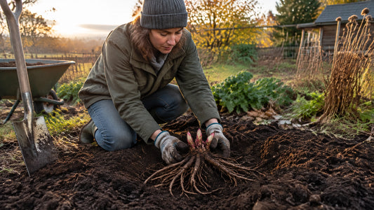 A gardener sets a rhubarb crown into a prepared garden bed in the soft light of autumn