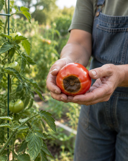 A gardener holding a ripe tomato with a sunken dark leathery patch from blossom end rot
