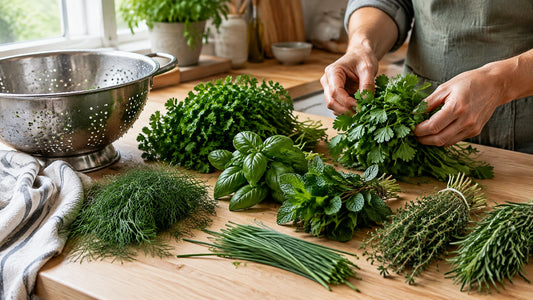 Freshly harvested basil, cilantro, parsley, mint, dill, chives, thyme and rosemary being sorted on a kitchen counter