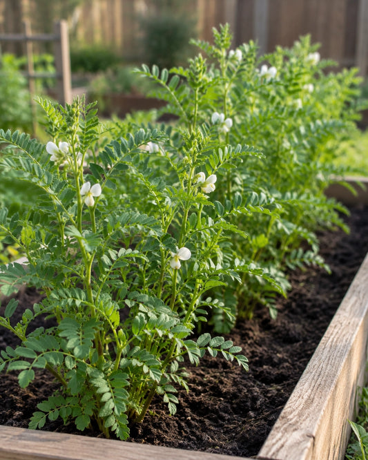 Chickpea plants with fine green foliage and small white flowers growing in a raised garden bed