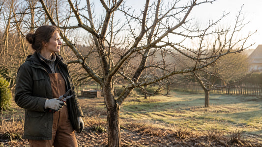 Gardener standing beside a bare apple tree during the dormant season