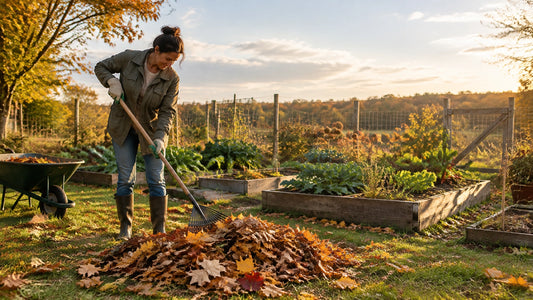 Gardener raking colorful autumn leaves beside raised vegetable beds