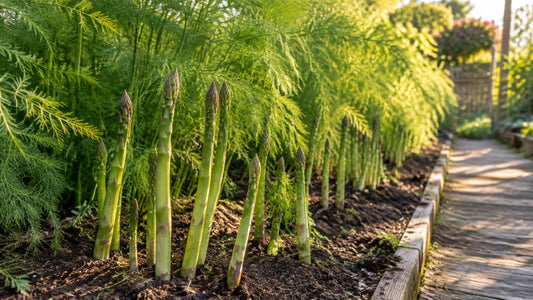 Mature asparagus bed with fresh spears and feathery ferns in morning light
