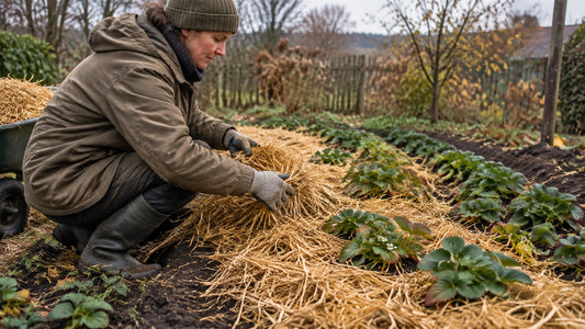 A gardener spreading straw over an established strawberry bed in late autumn
