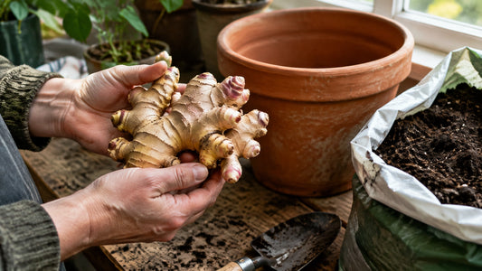 A gardener holds a plump ginger rhizome with visible buds beside a pot and fresh potting mix