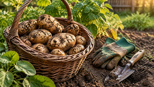 Freshly dug potatoes in a wicker basket beside garden tools