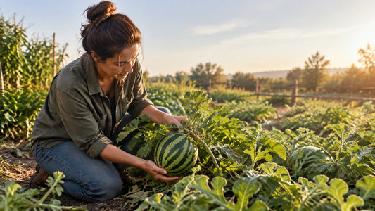 Gardener checking a watermelon in a late-season garden