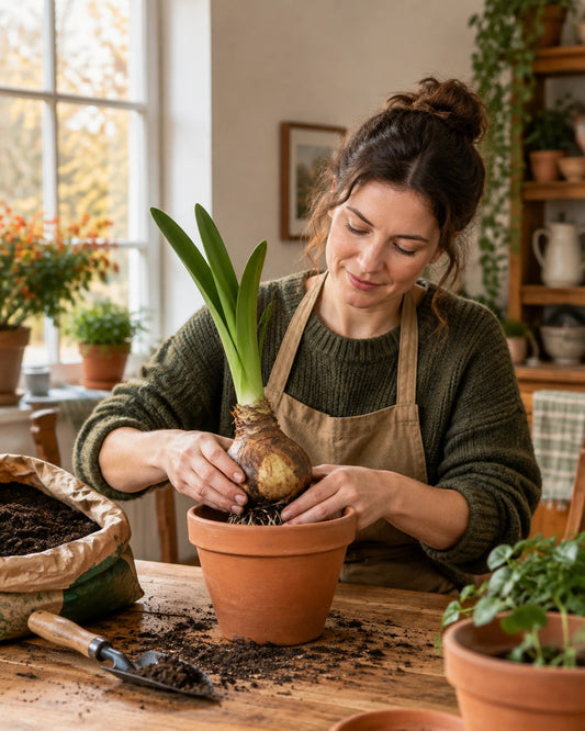 A gardener potting an amaryllis bulb in a terracotta pot at a kitchen table
